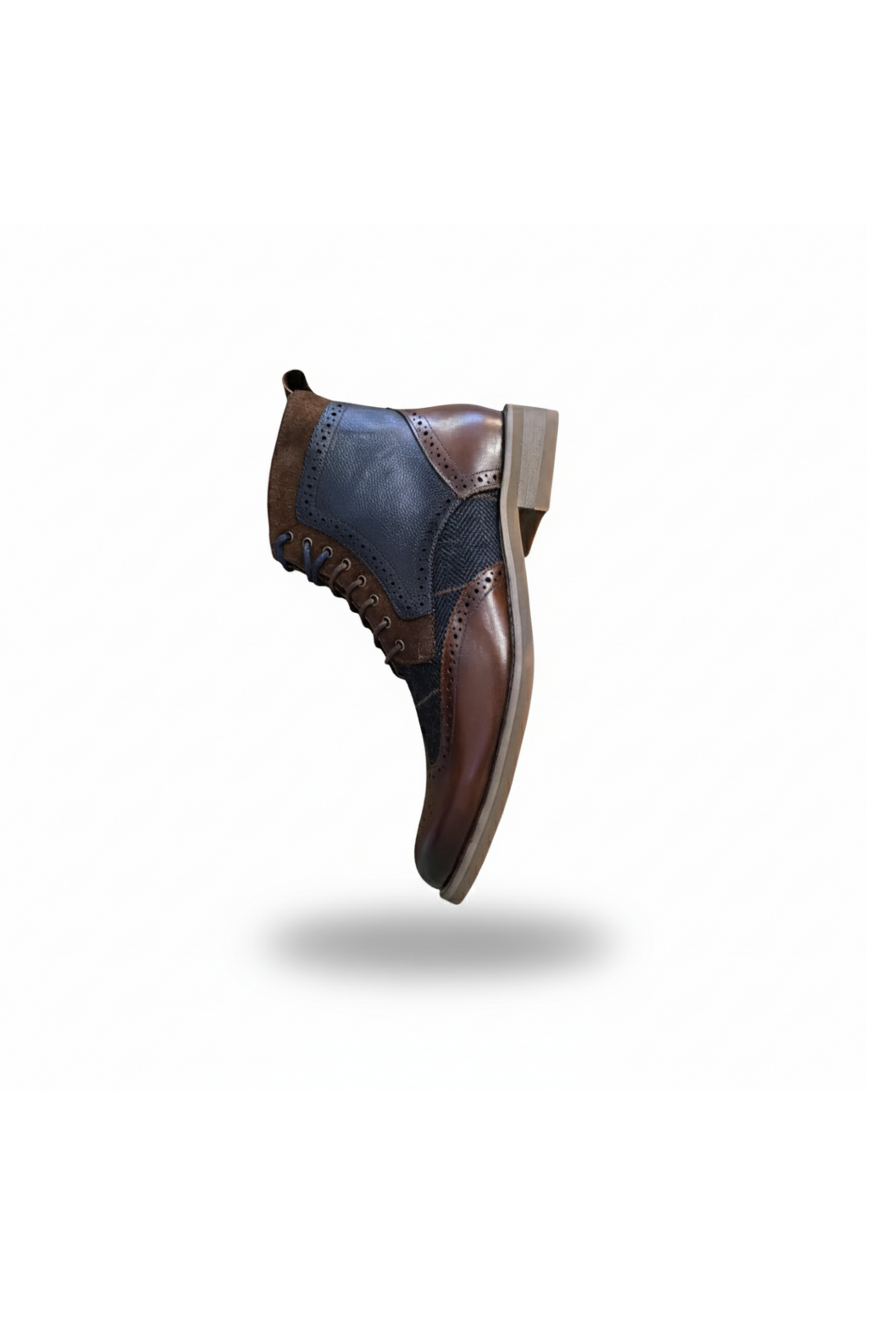 Teddy - Sapatos Oxford Masculinos em Couro Marrom e Tweed Azul Marinho