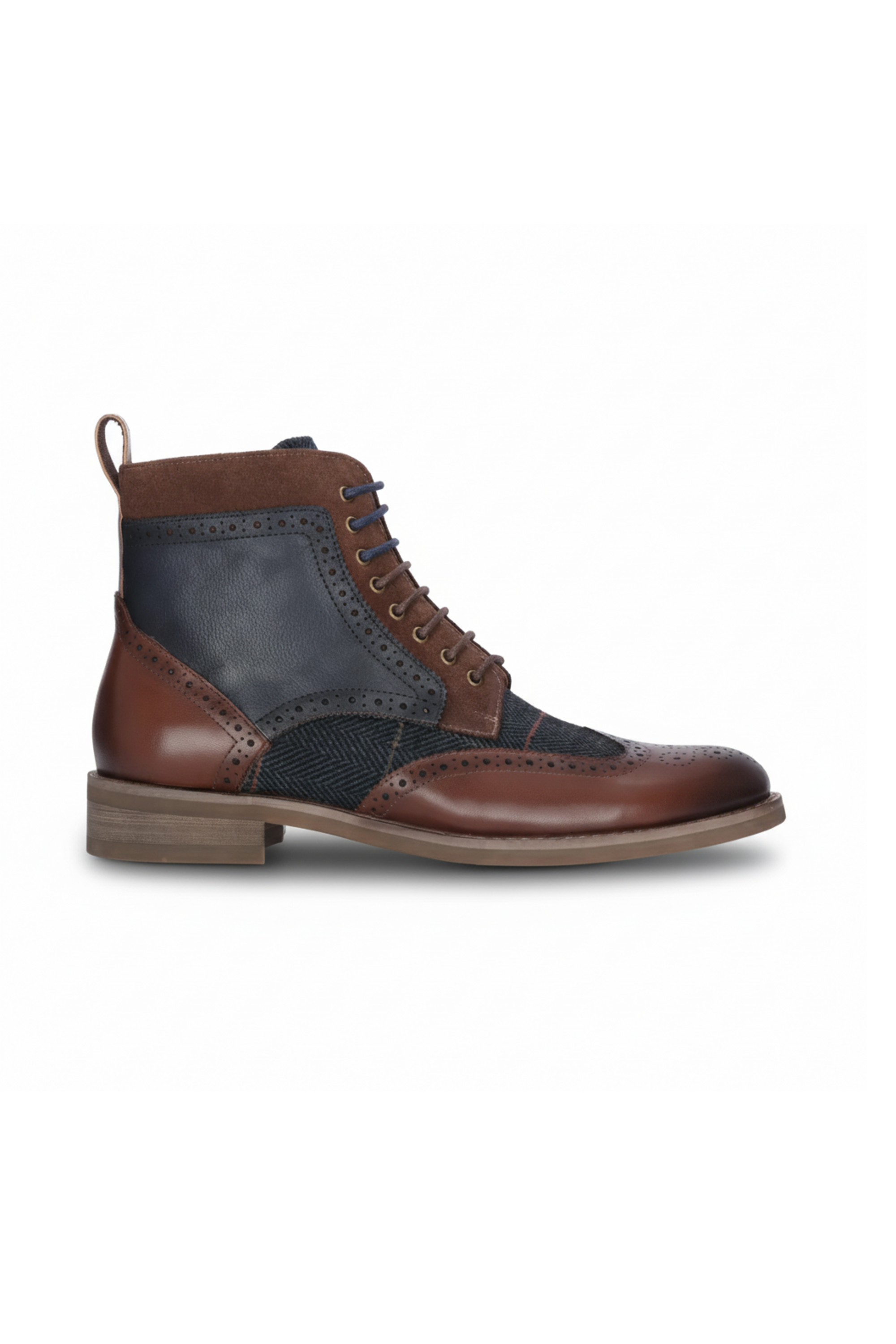 Teddy - Sapatos Oxford Masculinos em Couro Marrom e Tweed Azul Marinho