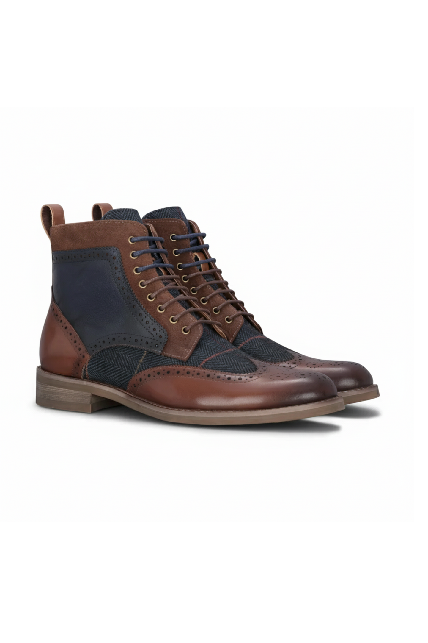 Teddy - Sapatos Oxford Masculinos em Couro Marrom e Tweed Azul Marinho