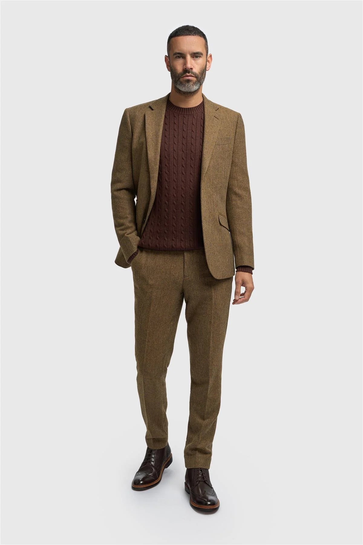 Thomas - Blazer masculino clássico marrom em tweed espinha de peixe
