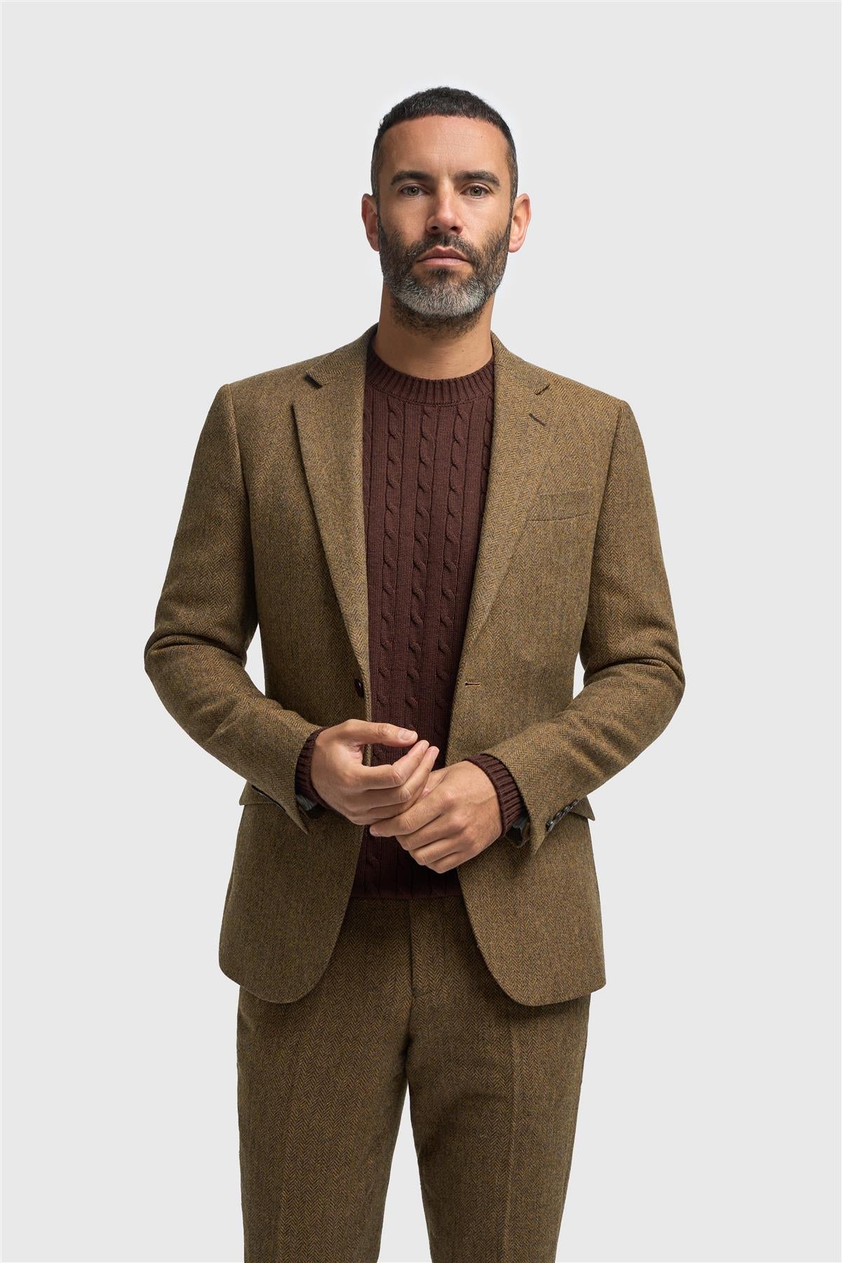 Thomas - Blazer masculino clássico marrom em tweed espinha de peixe