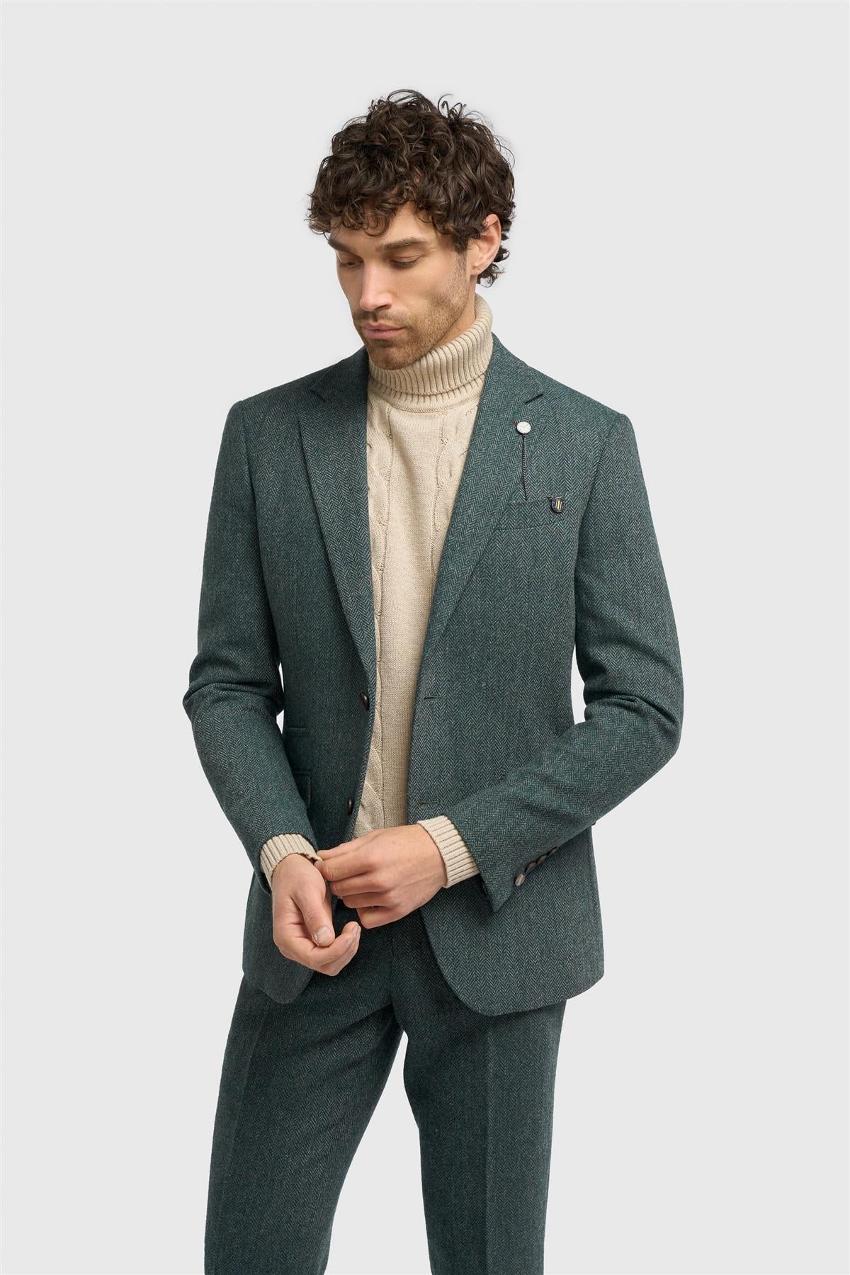 Thomas - Blazer masculino clássico em tweed espinha de peixe verde-oliva