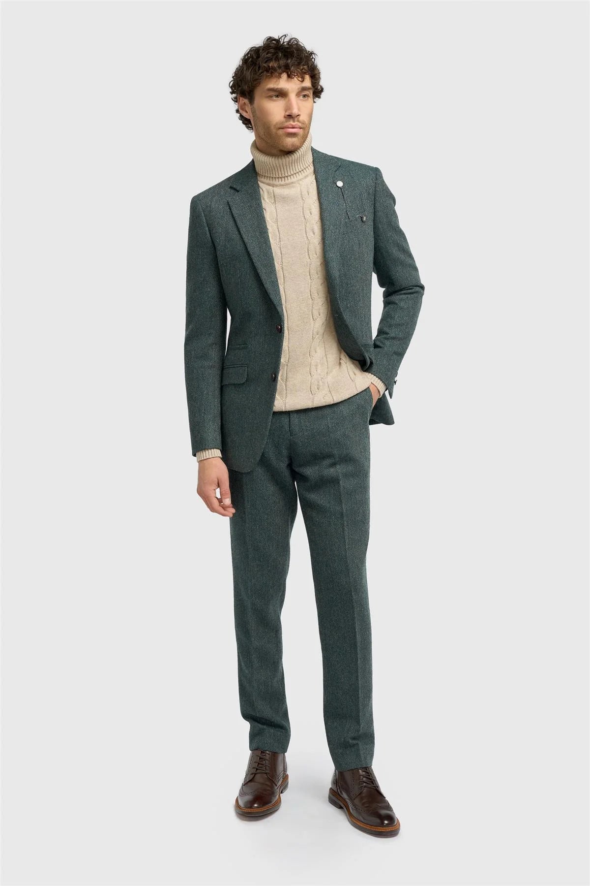 Thomas - Blazer masculino clássico em tweed espinha de peixe verde-oliva