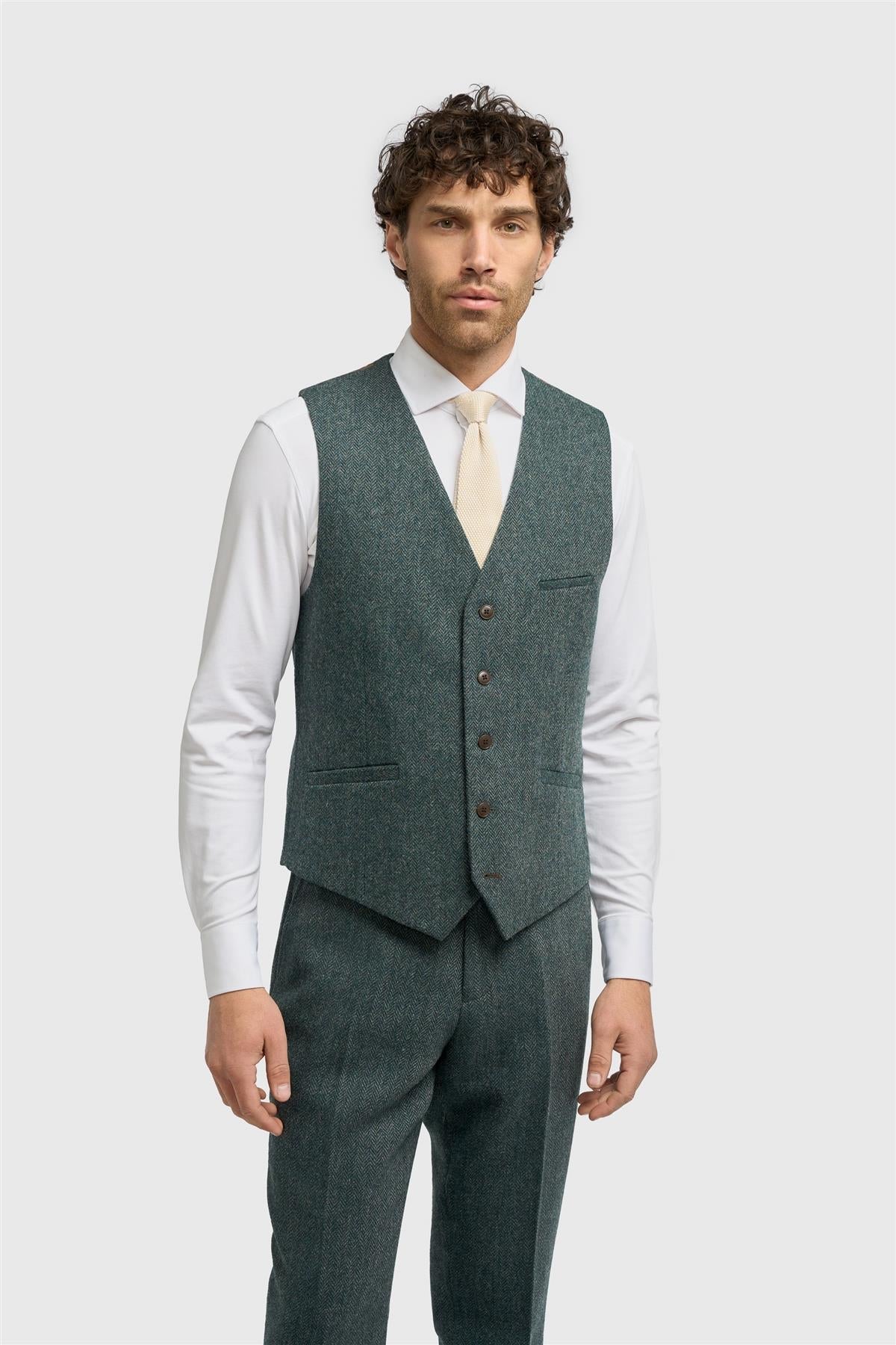 Colete masculino Thomas em tweed espinha de peixe na cor verde-oliva, em mistura de lã.