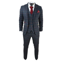 Terno masculino Thomas azul-marinho de 3 peças com estampa xadrez em tweed.