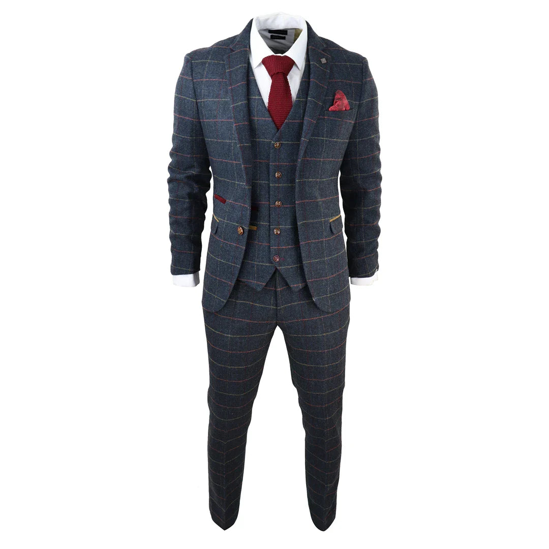 Terno masculino Thomas azul-marinho de 3 peças com estampa xadrez em tweed.