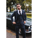 Terno masculino Thomas azul-marinho de 3 peças com estampa xadrez em tweed.