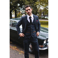Terno masculino Thomas azul-marinho de 3 peças com estampa xadrez em tweed.
