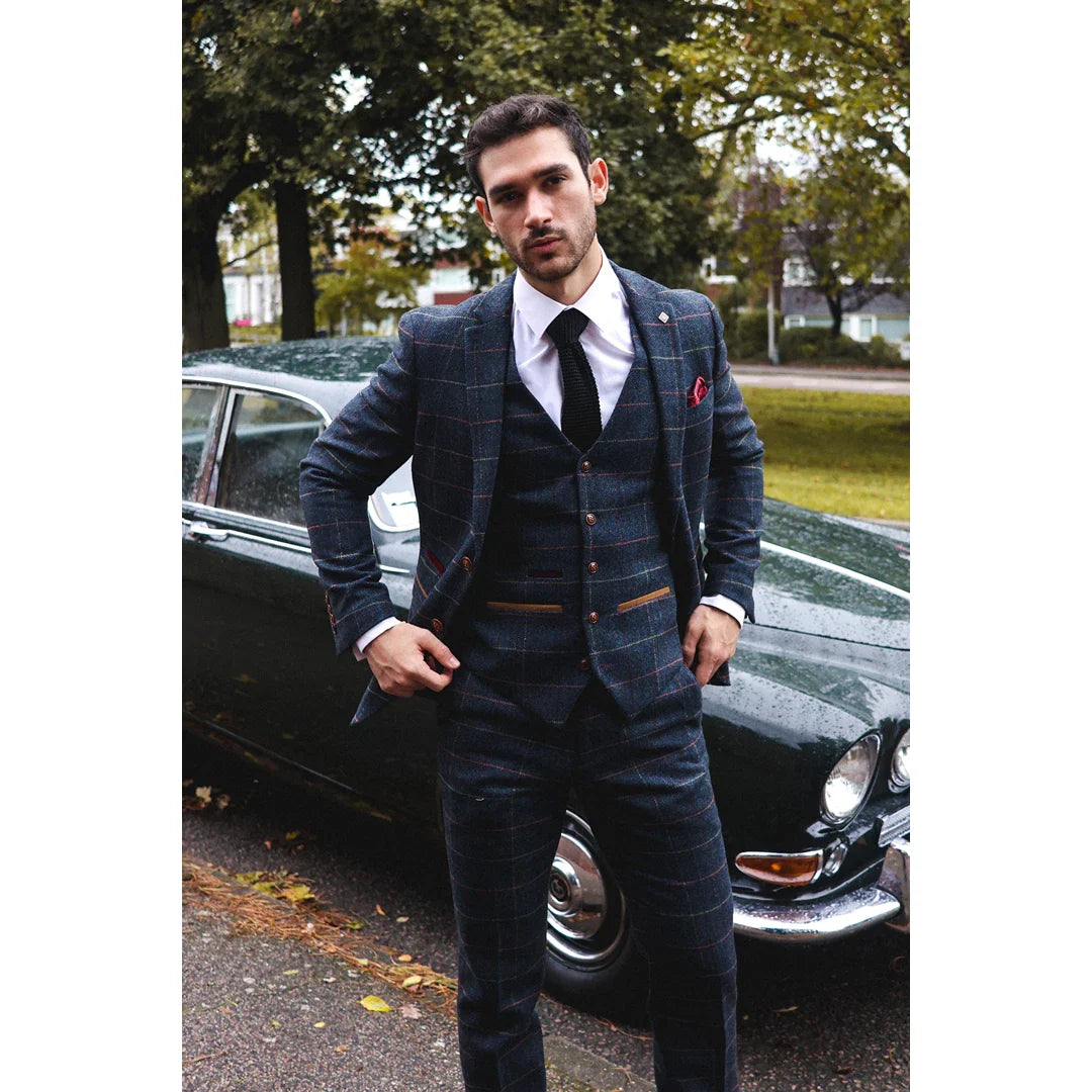 Terno masculino Thomas azul-marinho de 3 peças com estampa xadrez em tweed.