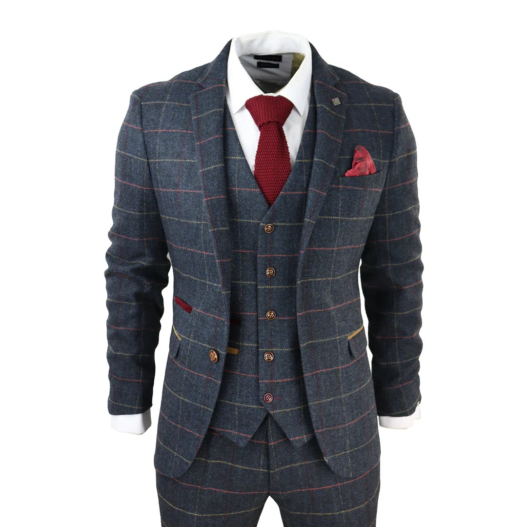 Terno masculino Thomas azul-marinho de 3 peças com estampa xadrez em tweed.