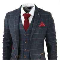 Terno masculino Thomas azul-marinho de 3 peças com estampa xadrez em tweed.