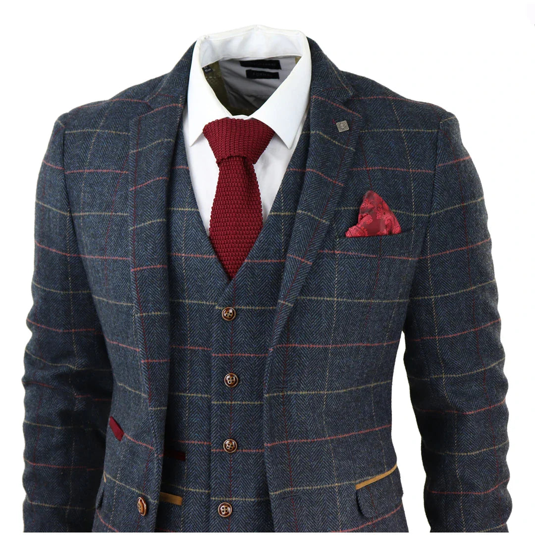 Terno masculino Thomas azul-marinho de 3 peças com estampa xadrez em tweed.
