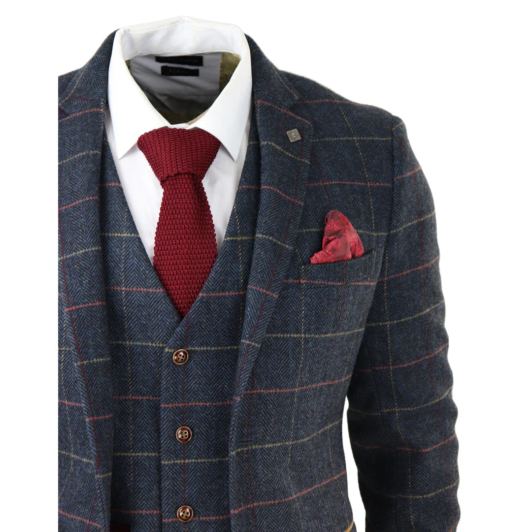 Terno masculino Thomas azul-marinho de 3 peças com estampa xadrez em tweed.