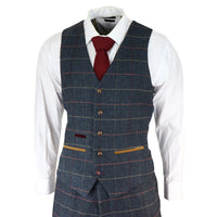 Terno masculino Thomas azul-marinho de 3 peças com estampa xadrez em tweed.