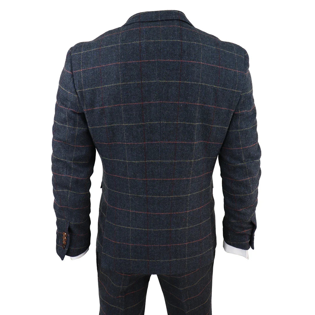 Terno masculino Thomas azul-marinho de 3 peças com estampa xadrez em tweed.
