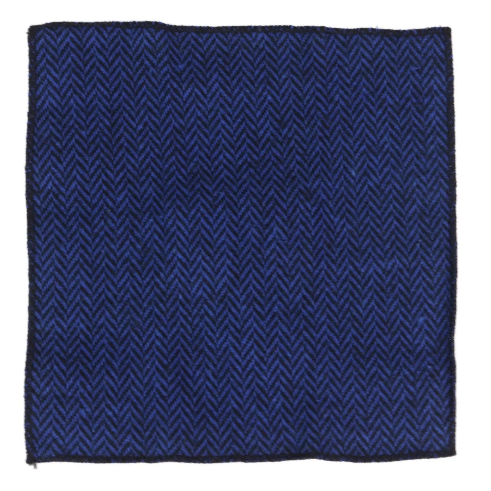 Gravata e lenço de bolso masculinos em tweed azul, estilo clássico britânico, em lã espinha de peixe.