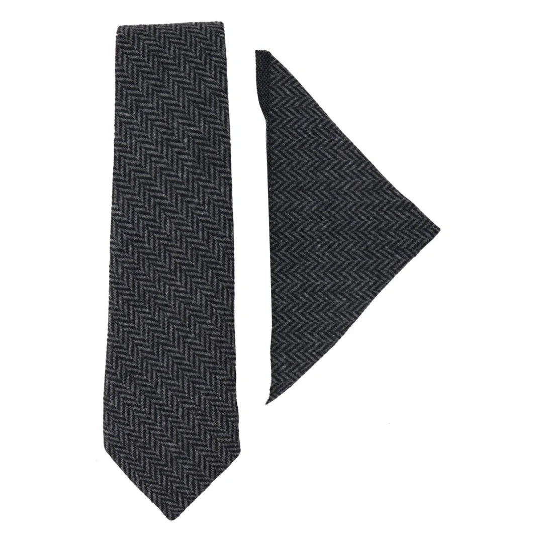 Gravata e lenço de bolso masculinos em tweed cor carvão, estilo clássico britânico, em lã espinha de peixe.