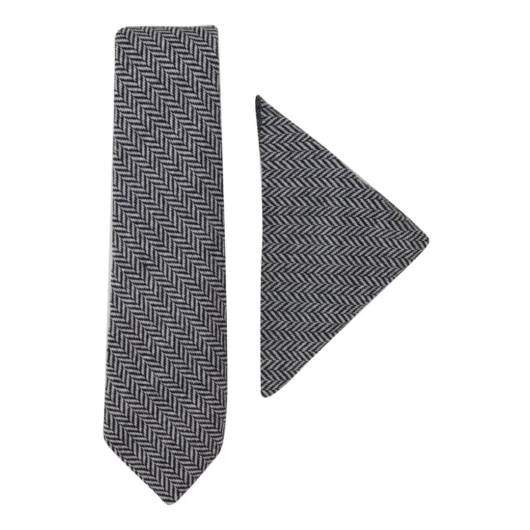 Gravata e lenço de bolso masculinos em tweed cinza, estilo clássico britânico, em lã espinha de peixe.