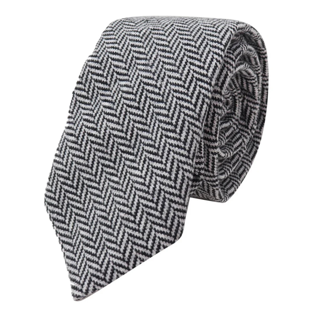 Gravata e lenço de bolso masculinos em tweed cinza, estilo clássico britânico, em lã espinha de peixe.