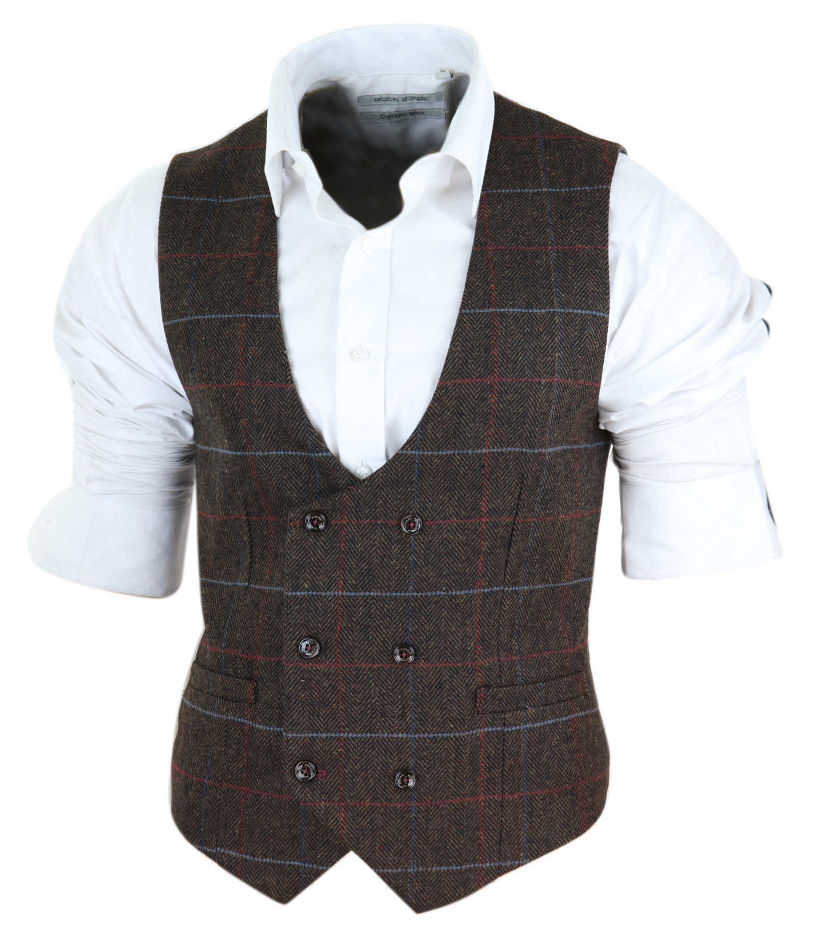 Colete Cavani Tommy masculino em tweed marrom com estampa espinha de peixe