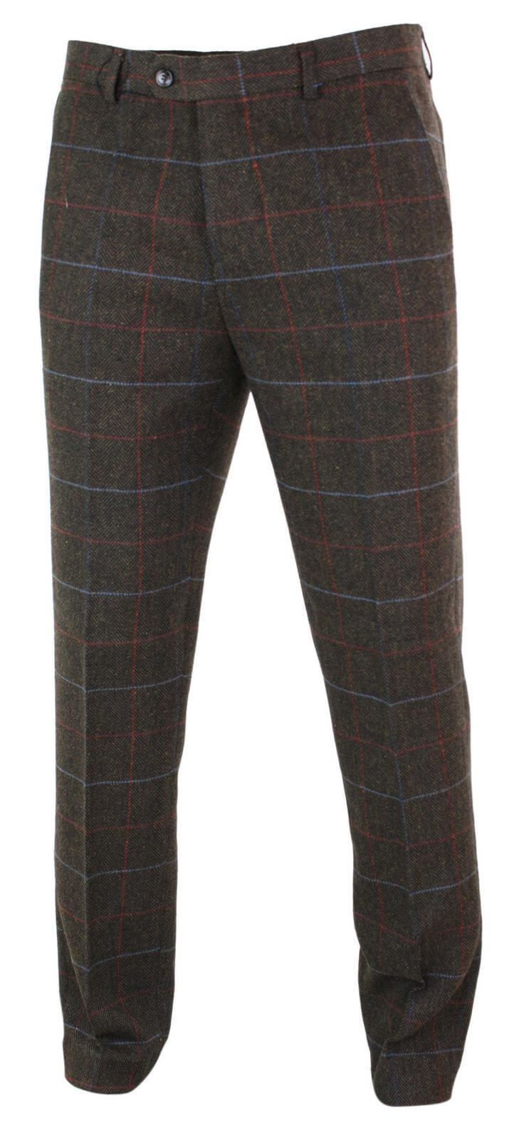 Cavani Tommy - Calças Clássicas Vintage Masculinas em Tweed Espinha de Peixe com Estampa Xadrez