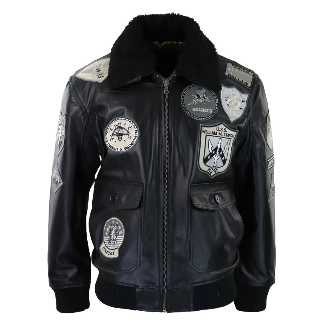 Jaqueta masculina Topgun Maverick preta e cinza, estilo aviador, com emblemas dos EUA e forro de pele preta.