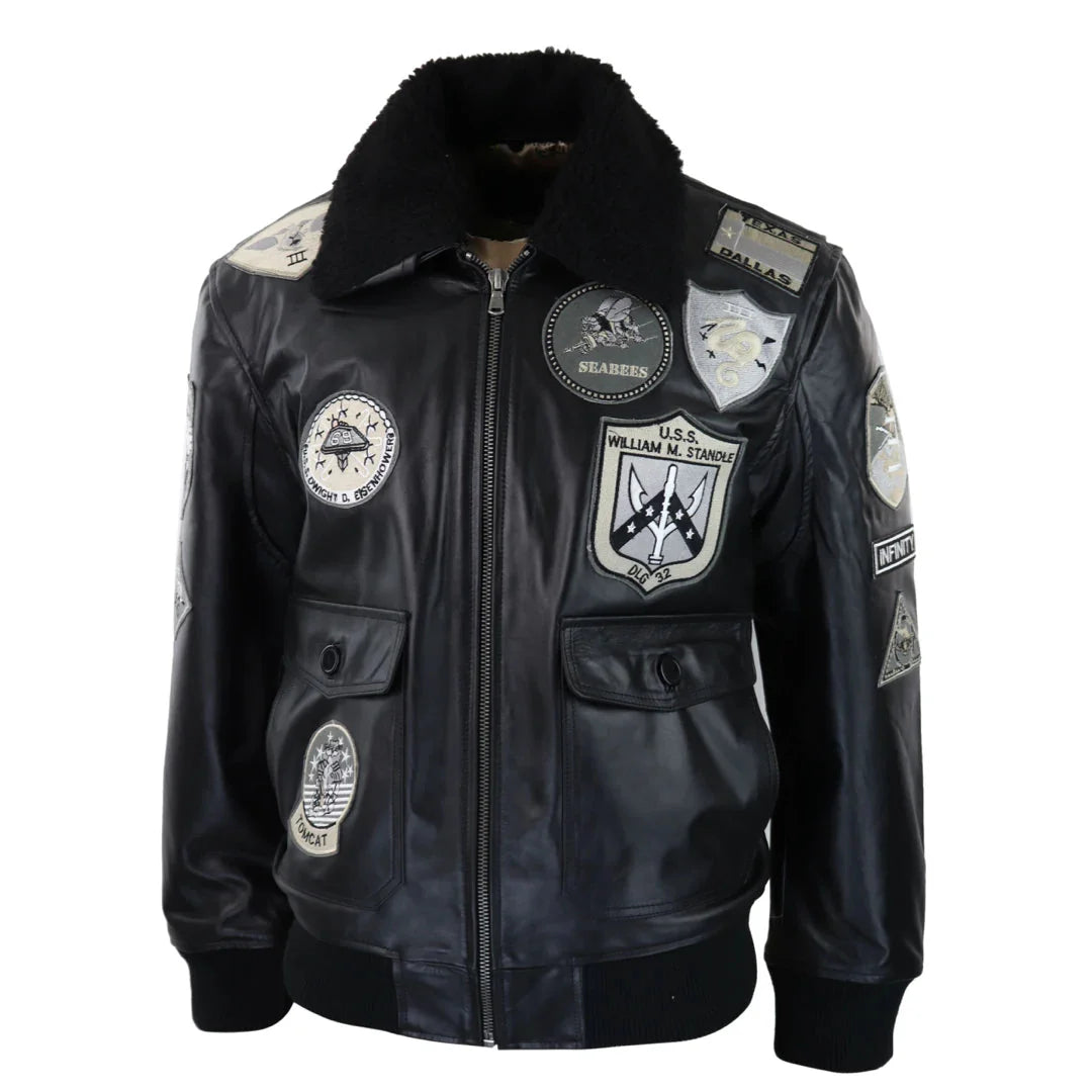Jaqueta masculina Topgun Maverick preta e cinza, estilo aviador, com emblemas dos EUA e forro de pele preta.