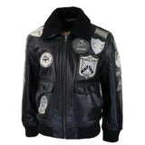 Jaqueta masculina Topgun Maverick preta e cinza, estilo aviador, com emblemas dos EUA e forro de pele preta.