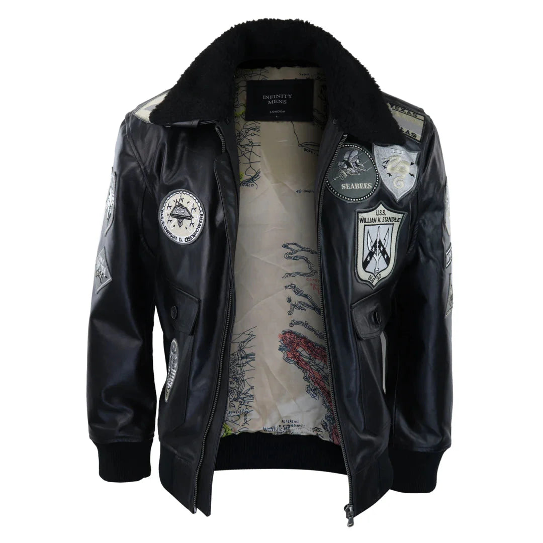 Jaqueta masculina Topgun Maverick preta e cinza, estilo aviador, com emblemas dos EUA e forro de pele preta.