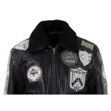 Jaqueta masculina Topgun Maverick preta e cinza, estilo aviador, com emblemas dos EUA e forro de pele preta.