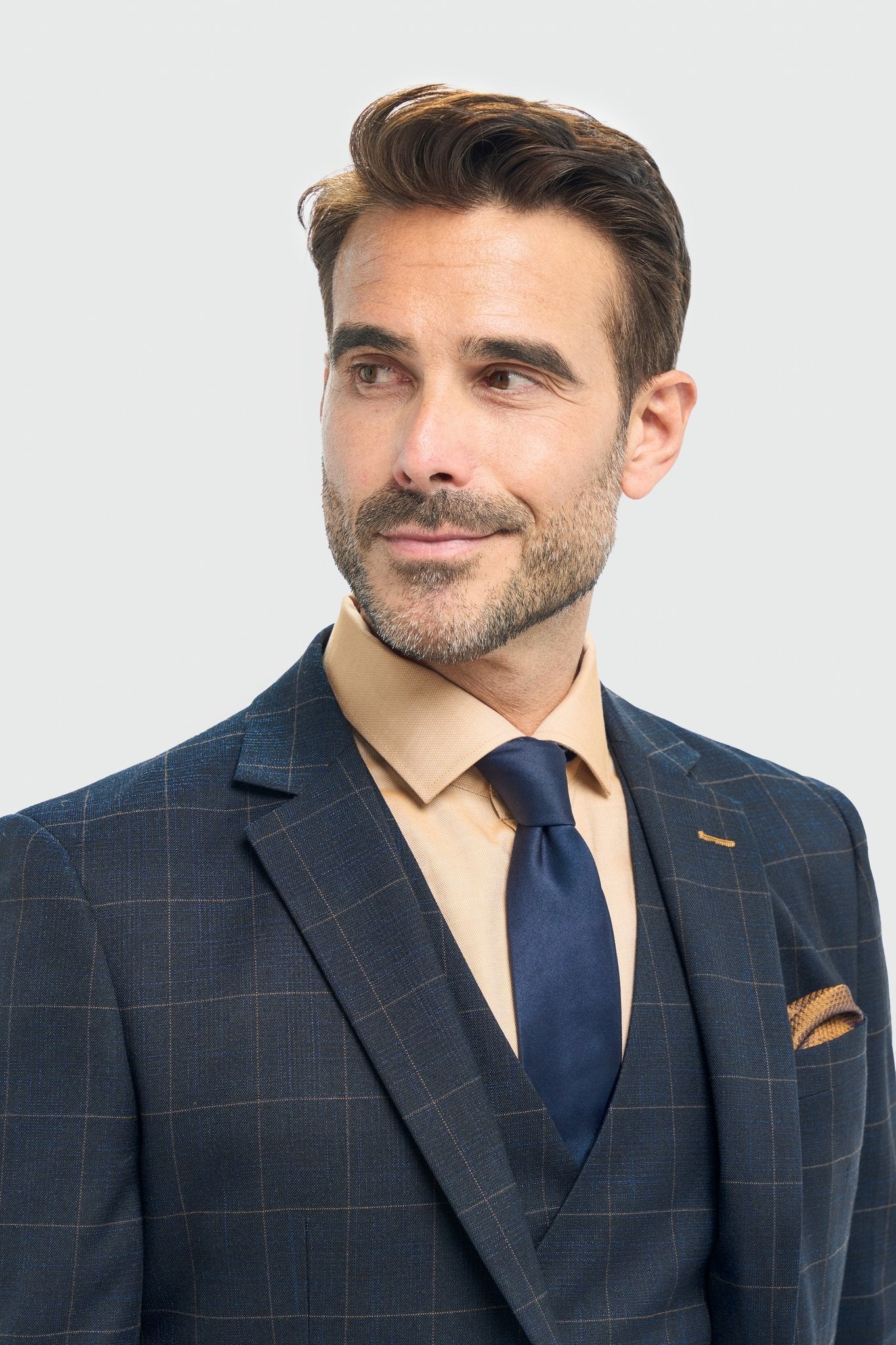 Torino - Terno masculino de três peças com corte sob medida e estampa xadrez azul-marinho