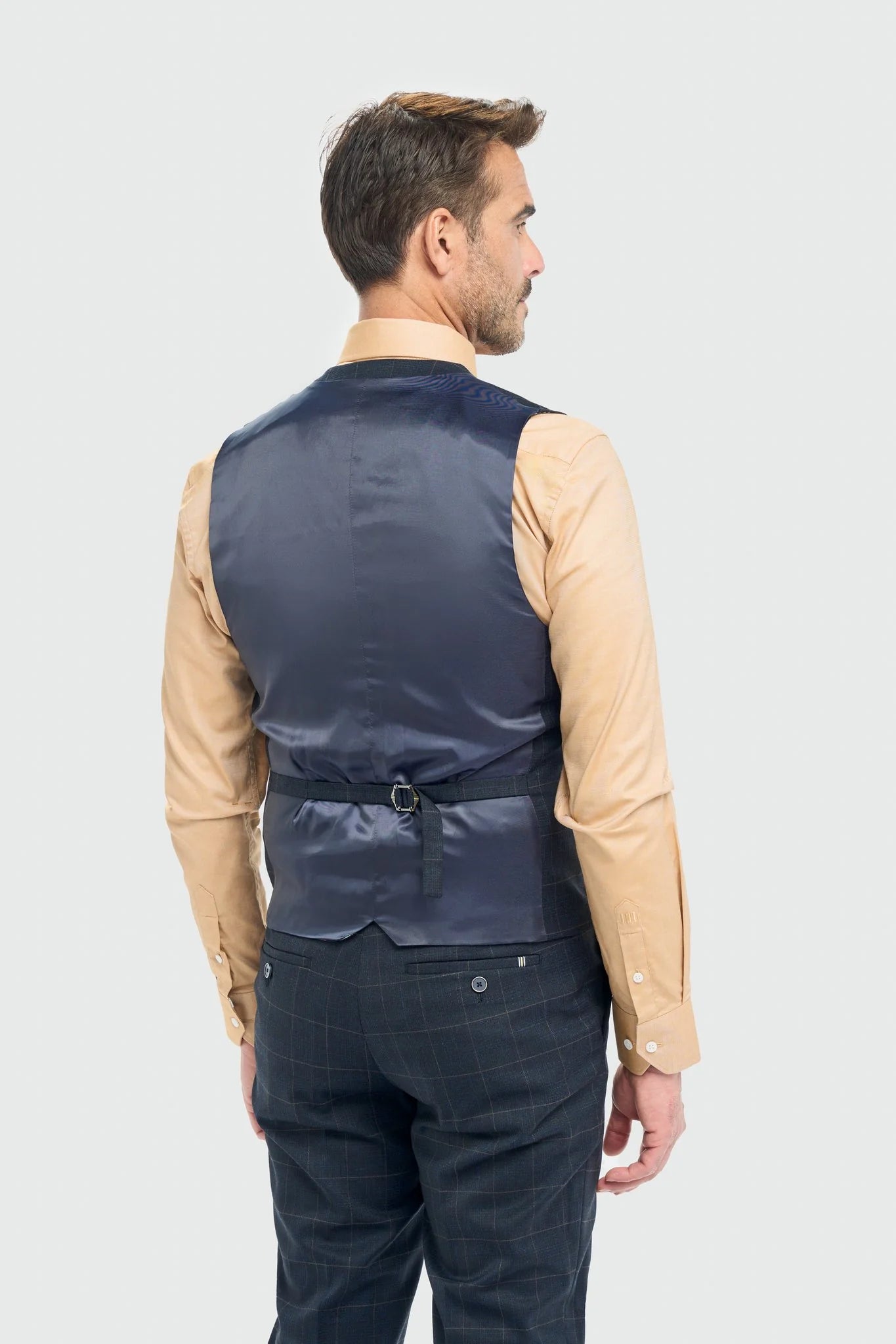 Torino - Terno masculino de três peças com corte sob medida e estampa xadrez azul-marinho