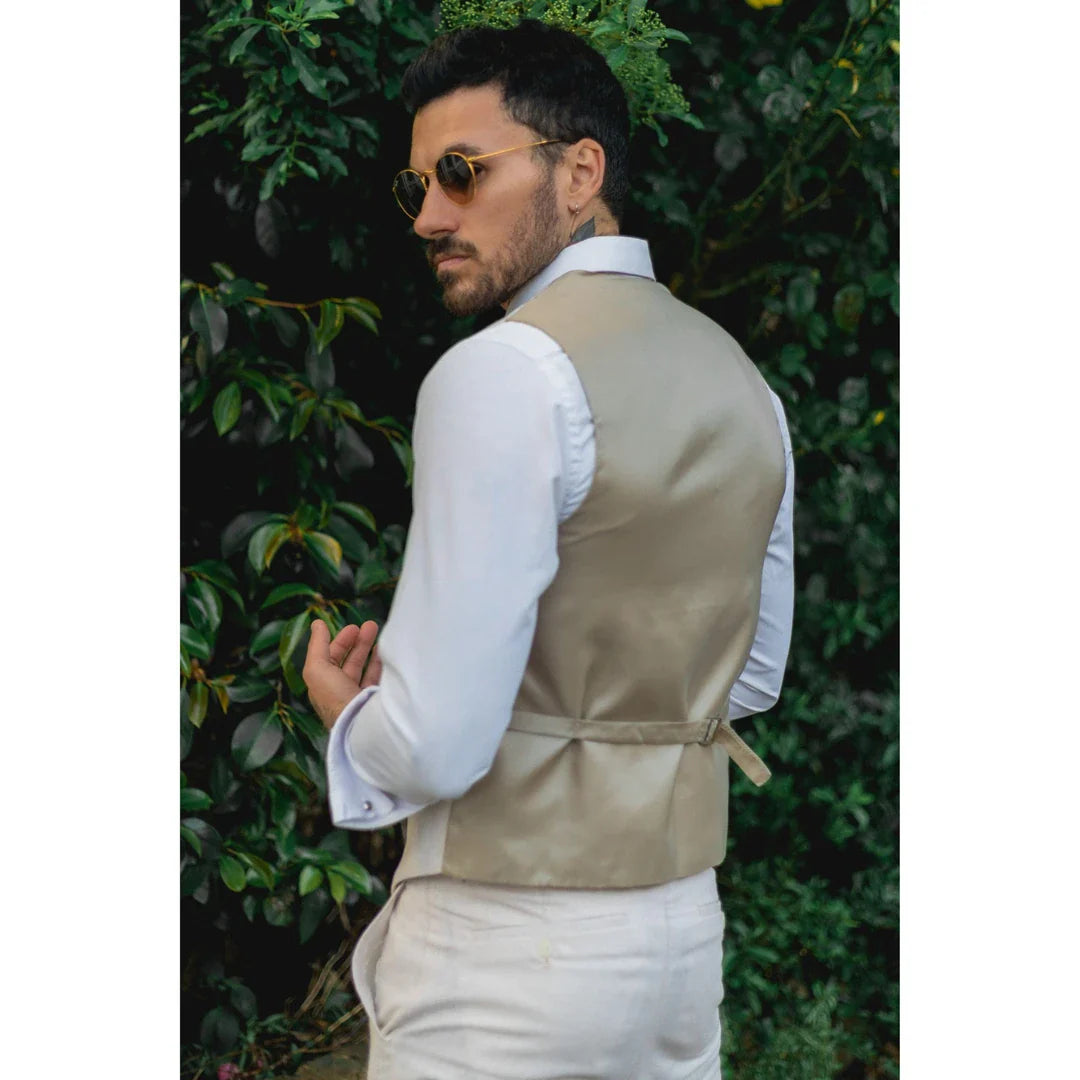 TP-10 - Conjunto de Terno Masculino de Verão com Colete e Calça em Linho, Ideal para Casamentos em Tons Creme e Bege