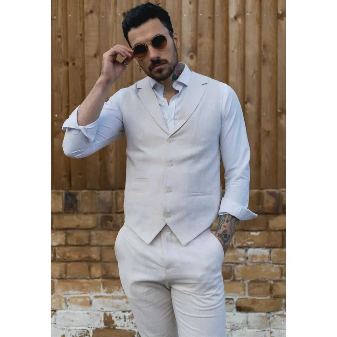 TP-10 - Conjunto de Terno Masculino de Verão com Colete e Calça em Linho, Ideal para Casamentos em Tons Creme e Bege