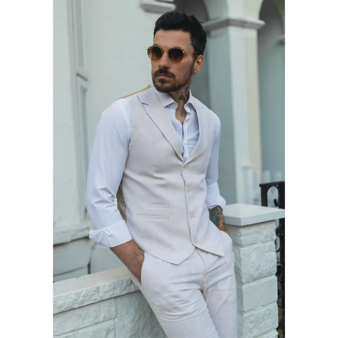TP-10 - Conjunto de Terno Masculino de Verão com Colete e Calça em Linho, Ideal para Casamentos em Tons Creme e Bege