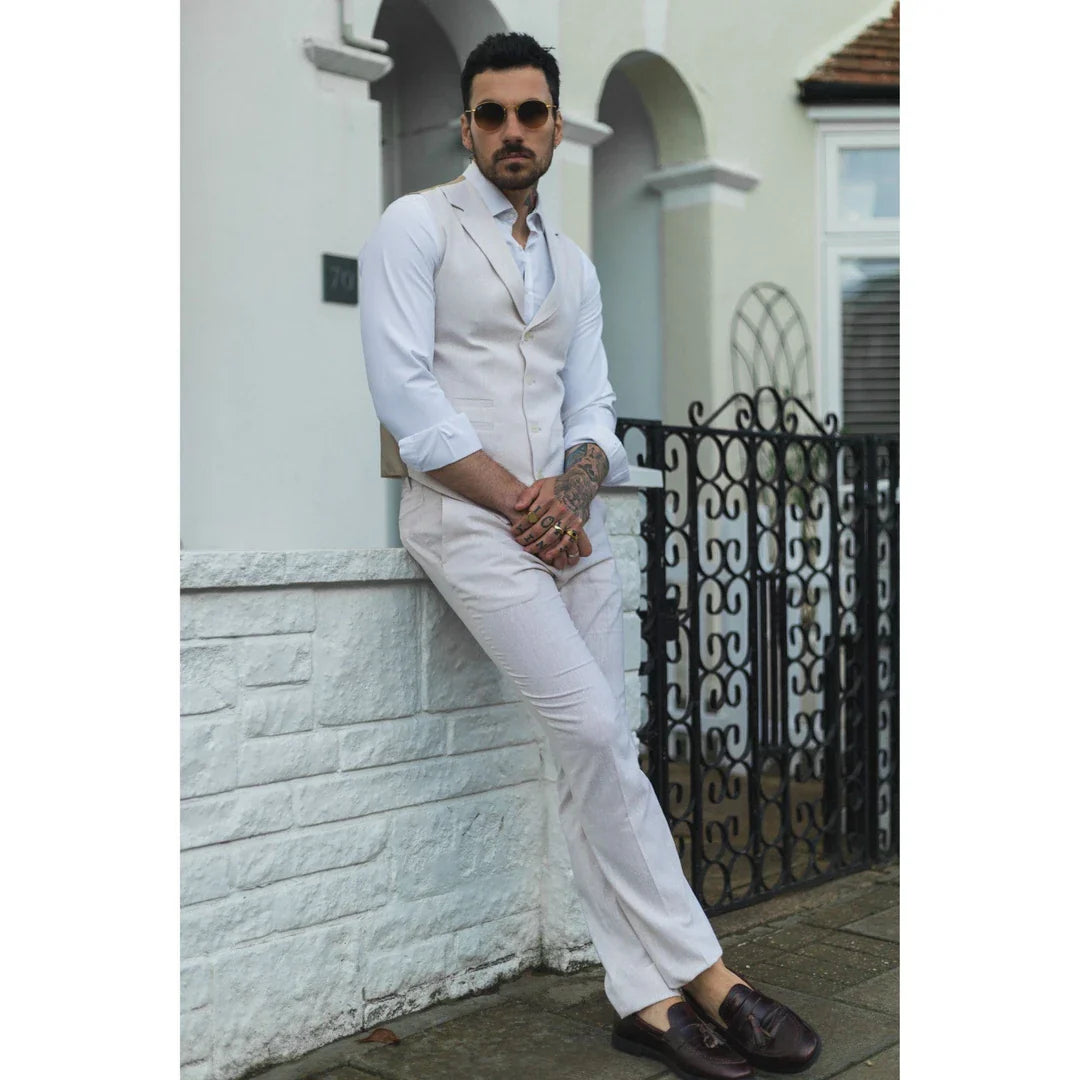 TP-10 - Conjunto de Terno Masculino de Verão com Colete e Calça em Linho, Ideal para Casamentos em Tons Creme e Bege