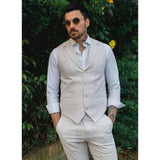 TP-10 - Conjunto de Terno Masculino de Verão com Colete e Calça em Linho, Ideal para Casamentos em Tons Creme e Bege