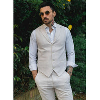 TP-10 - Conjunto de Terno Masculino de Verão com Colete e Calça em Linho, Ideal para Casamentos em Tons Creme e Bege