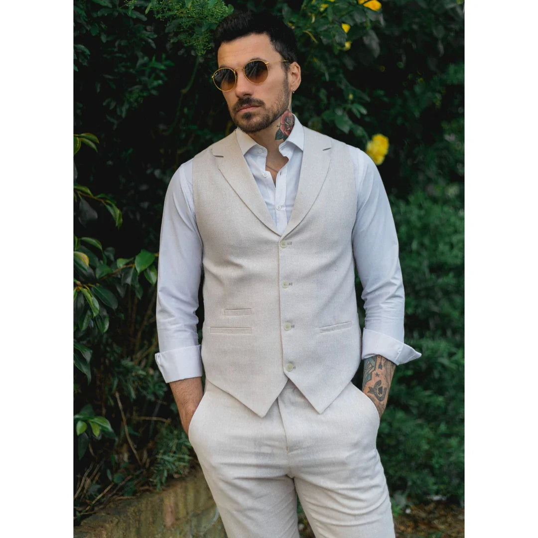 TP-10 - Conjunto de Terno Masculino de Verão com Colete e Calça em Linho, Ideal para Casamentos em Tons Creme e Bege