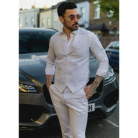 TP-11 - Conjunto de terno masculino de verão, colete e calça em linho cinza claro para casamentos.