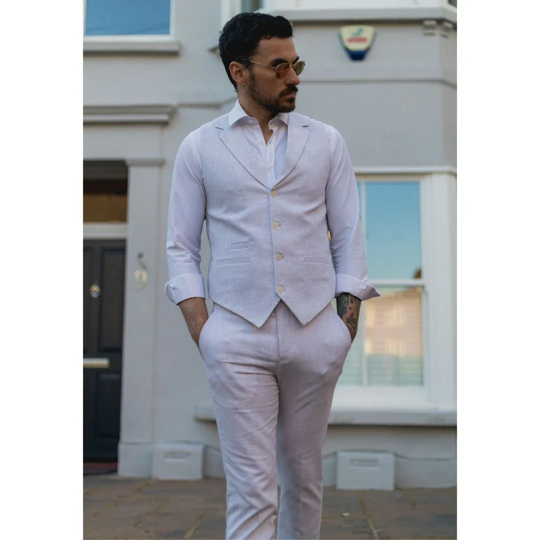 TP-11 - Conjunto de terno masculino de verão, colete e calça em linho cinza claro para casamentos.