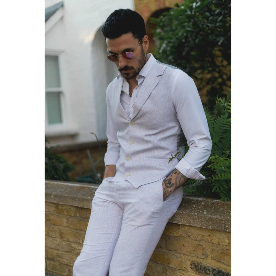 TP-11 - Conjunto de terno masculino de verão, colete e calça em linho cinza claro para casamentos.