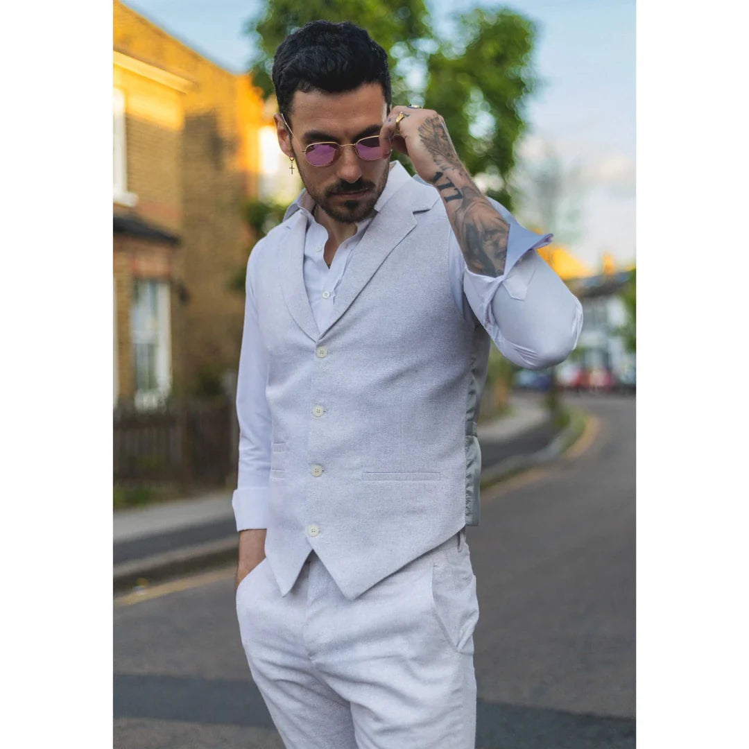 TP-11 - Conjunto de terno masculino de verão, colete e calça em linho cinza claro para casamentos.