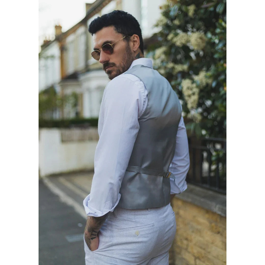 TP-11 - Conjunto de terno masculino de verão, colete e calça em linho cinza claro para casamentos.
