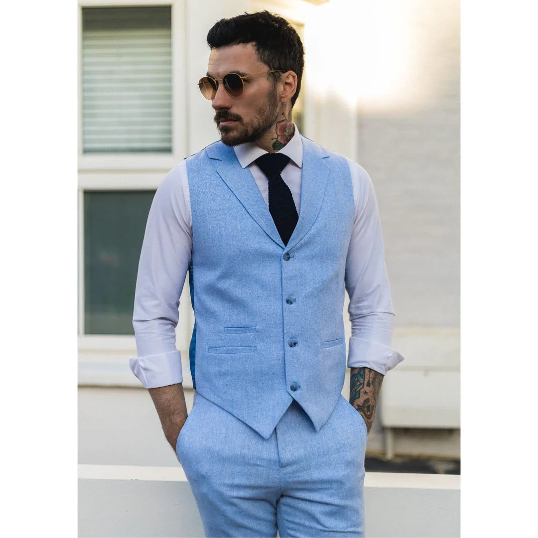 TP-12 - Conjunto de Terno Masculino de Verão com Colete e Calça em Linho Azul Royal para Casamentos