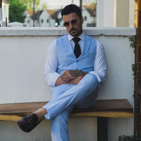 TP-12 - Conjunto de Terno Masculino de Verão com Colete e Calça em Linho Azul Royal para Casamentos