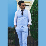 TP-13 - Conjunto de Terno Masculino de Verão com Colete e Calça em Linho Azul Bebê para Casamentos