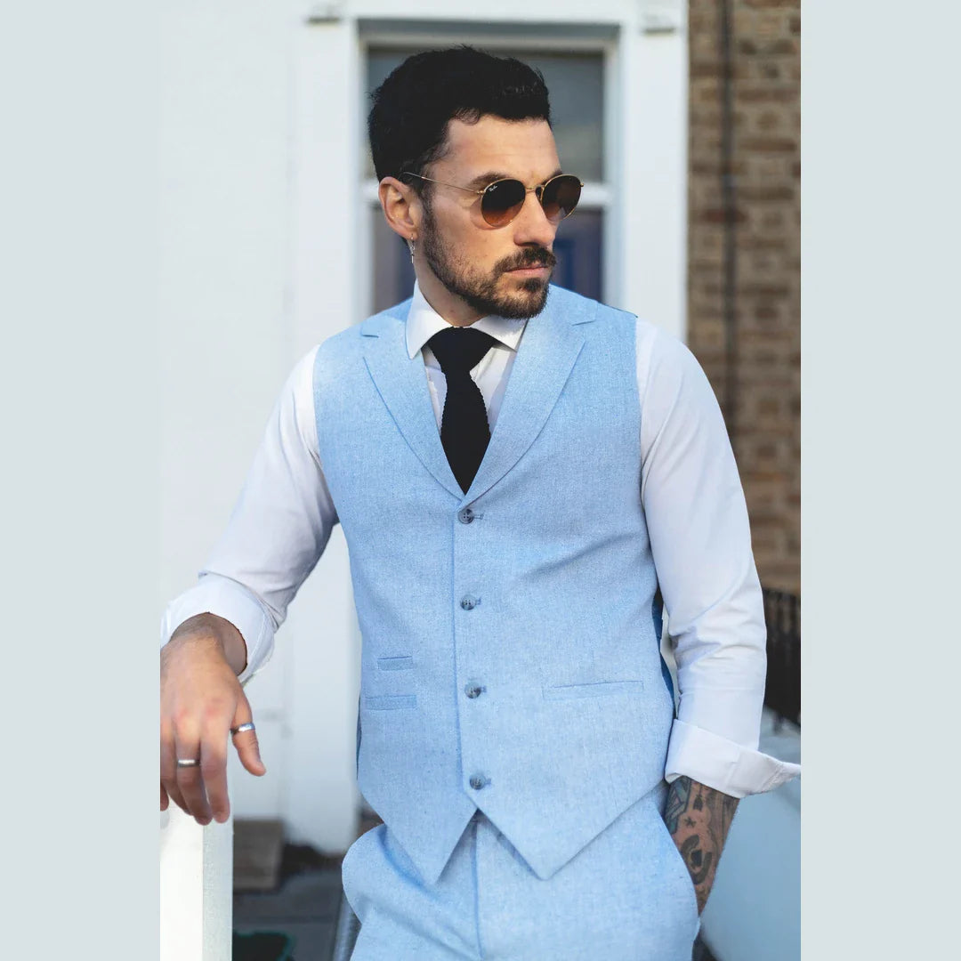 TP-13 - Conjunto de Terno Masculino de Verão com Colete e Calça em Linho Azul Bebê para Casamentos