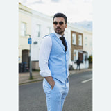 TP-13 - Conjunto de Terno Masculino de Verão com Colete e Calça em Linho Azul Bebê para Casamentos