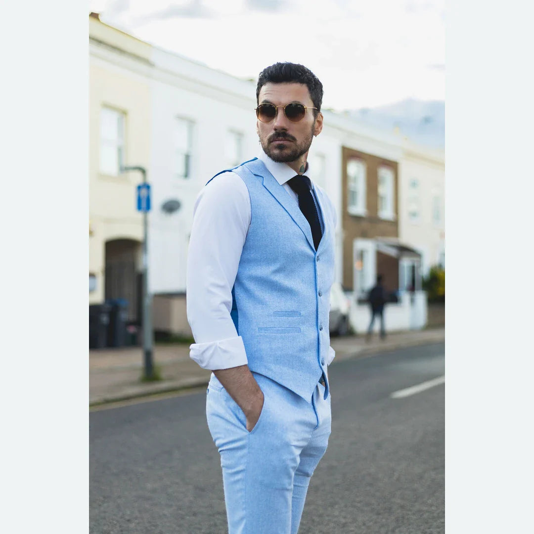 TP-13 - Conjunto de Terno Masculino de Verão com Colete e Calça em Linho Azul Bebê para Casamentos
